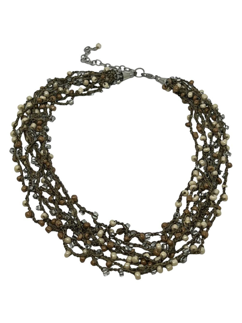 Multi Strand Beaded Choker Necklace Crochet Wire Cream Pearl Crystal Boho 23"